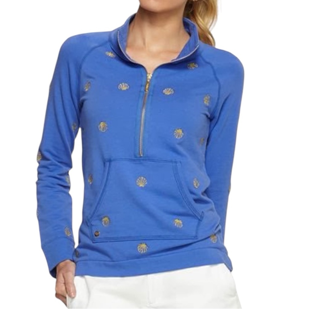 Lilly Pulitzer Quarter-Zip Embroidered Seashell Top Size Small Periwinkle Gold
